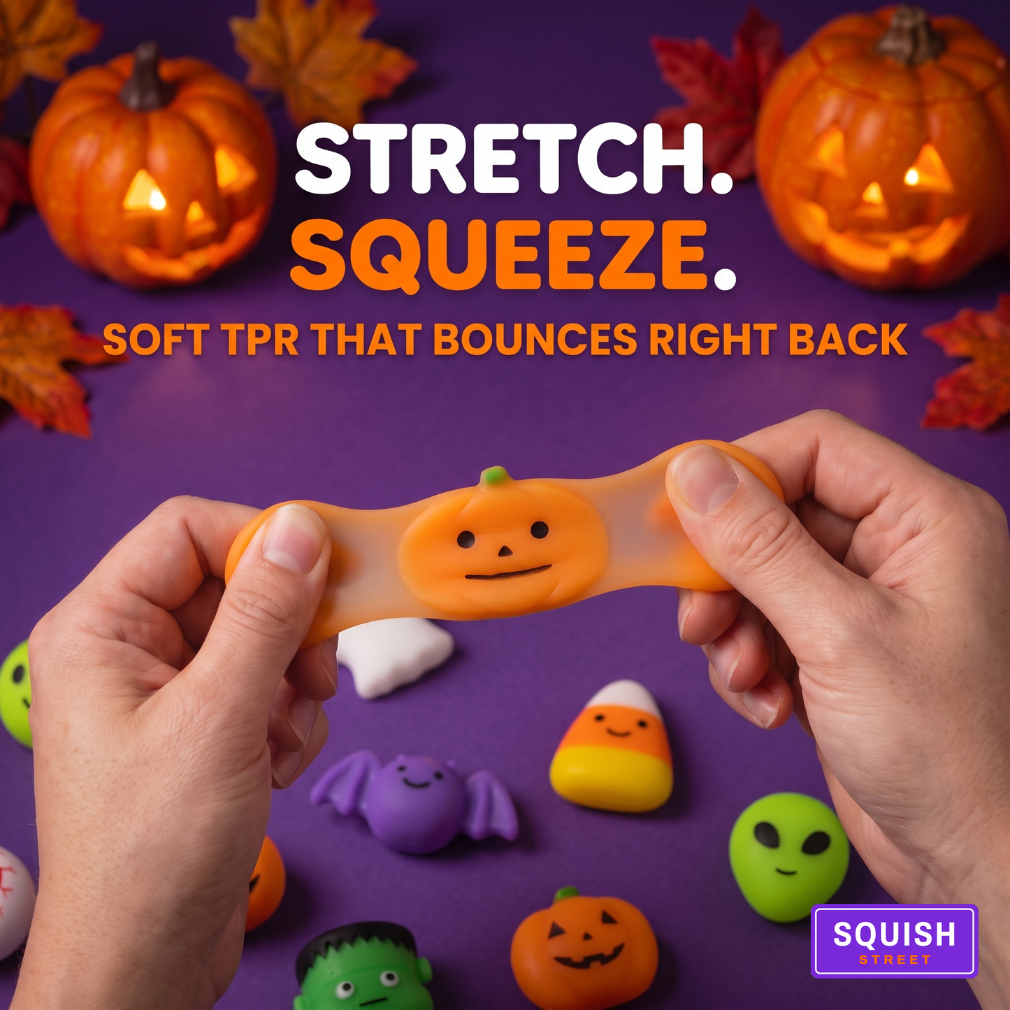 Hands stretching a pumpkin squishy - soft TPR that bounces right back