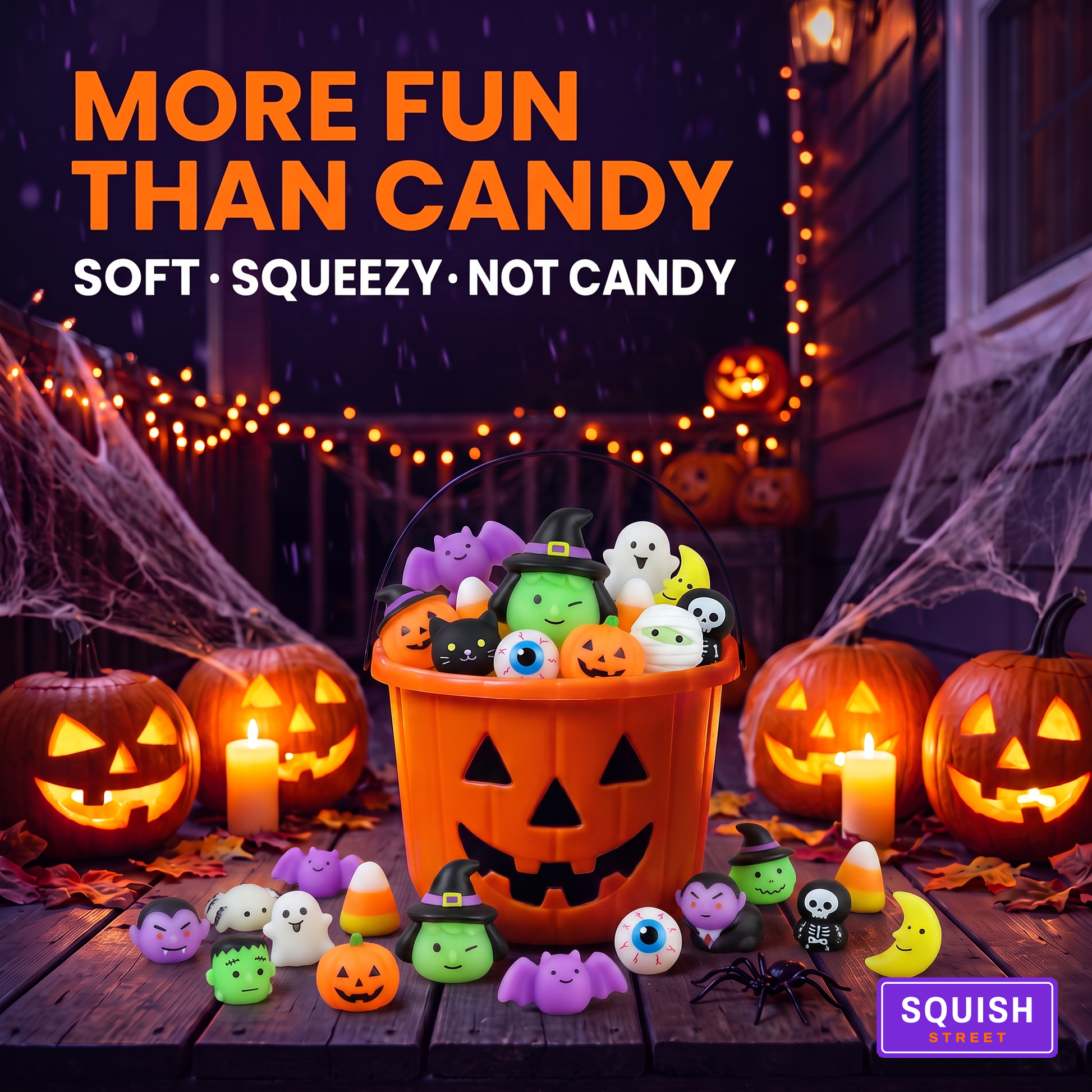 Trick-or-treat pail overflowing with Halloween squishies on a lit porch - more fun than candy