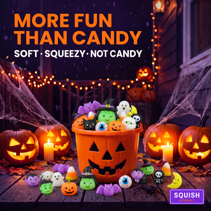 Trick-or-treat pail overflowing with Halloween squishies on a lit porch - more fun than candy