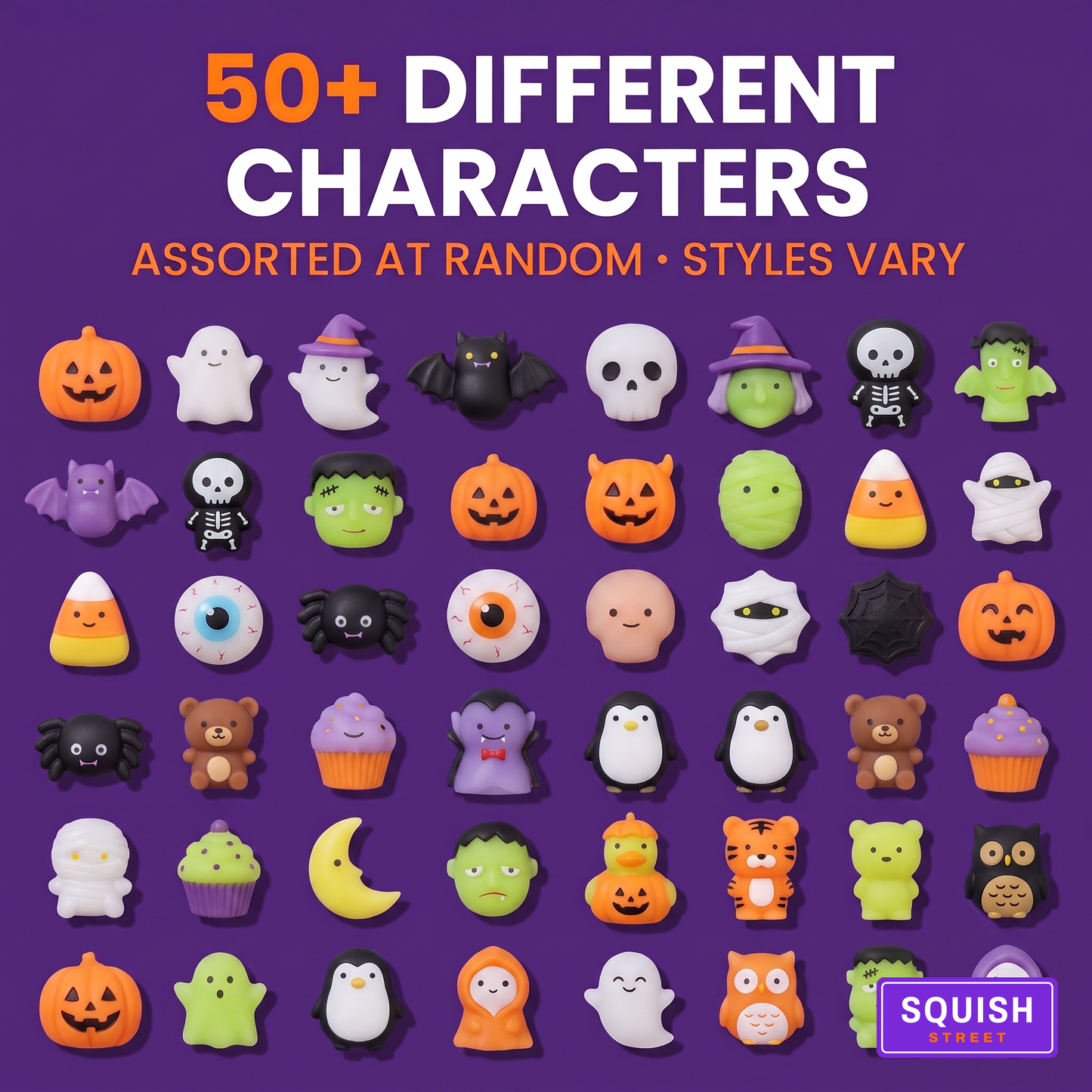 Overhead flat lay of 50+ different Halloween squishy characters - assorted at random, styles vary