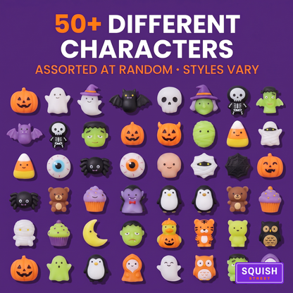 Overhead flat lay of 50+ different Halloween squishy characters - assorted at random, styles vary