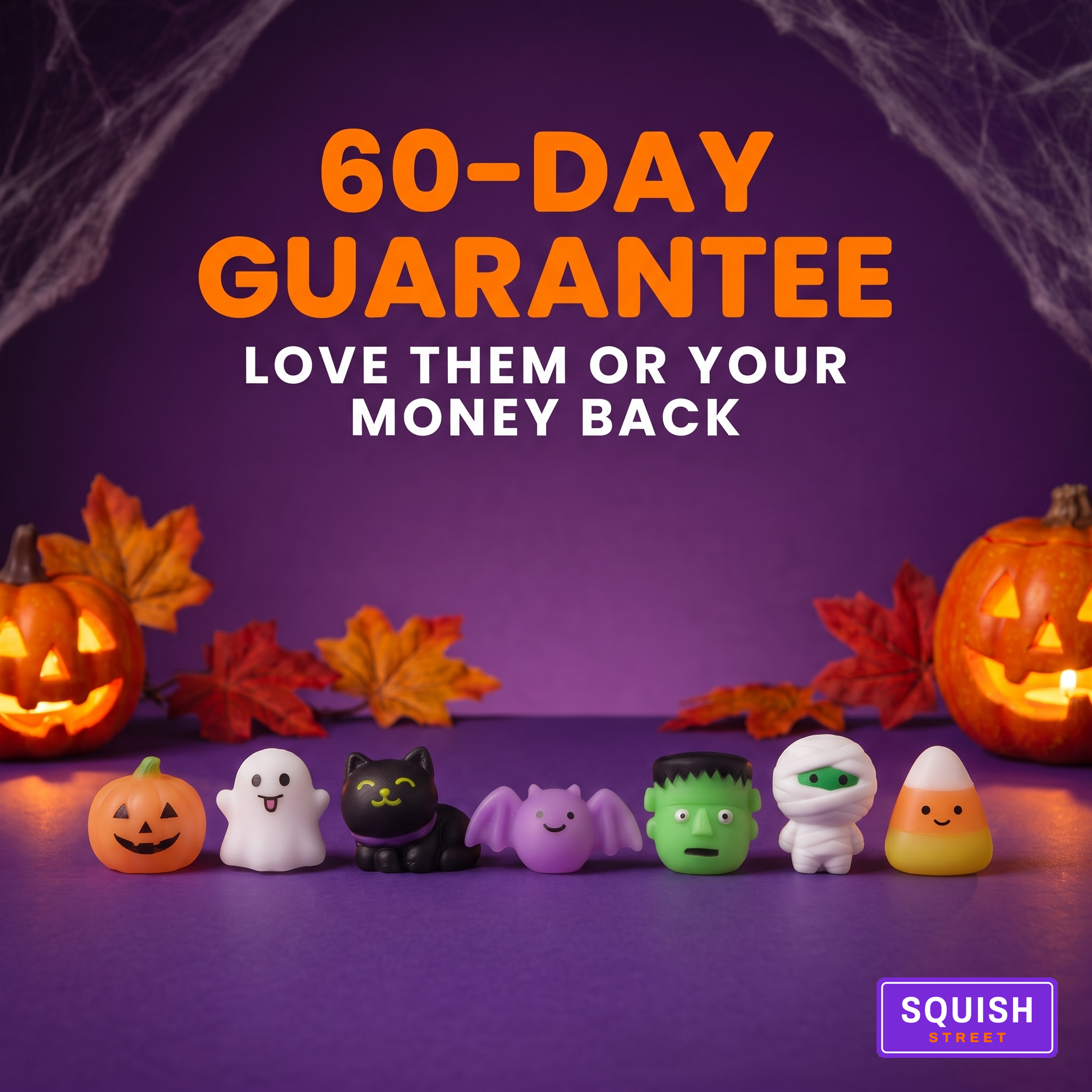 Row of Halloween squishy characters under a 60-day money-back guarantee