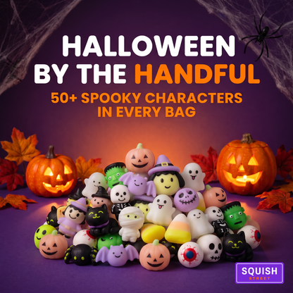 Pile of assorted Halloween mochi squishies - Halloween by the handful, 50+ spooky characters in every bag