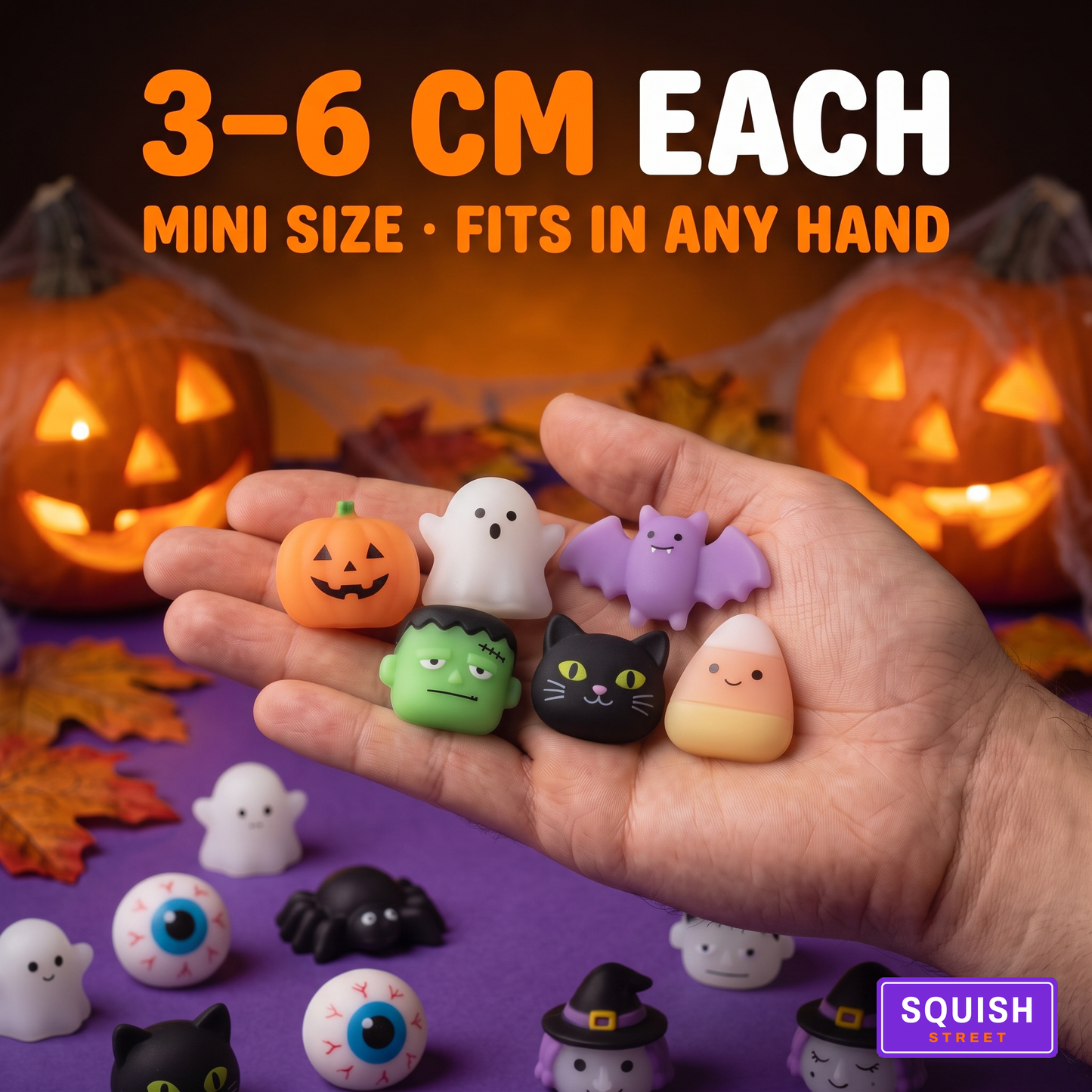 Halloween squishies held in a palm showing mini size, 3 to 6 cm each