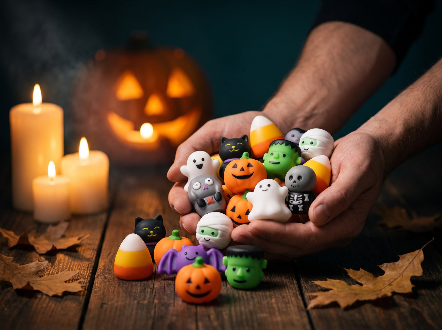 Two cupped hands overflowing with Halloween mochi squishies by candlelight