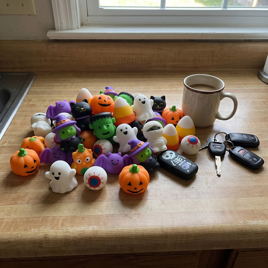 A bag of Halloween squishies tipped out on a kitchen counter