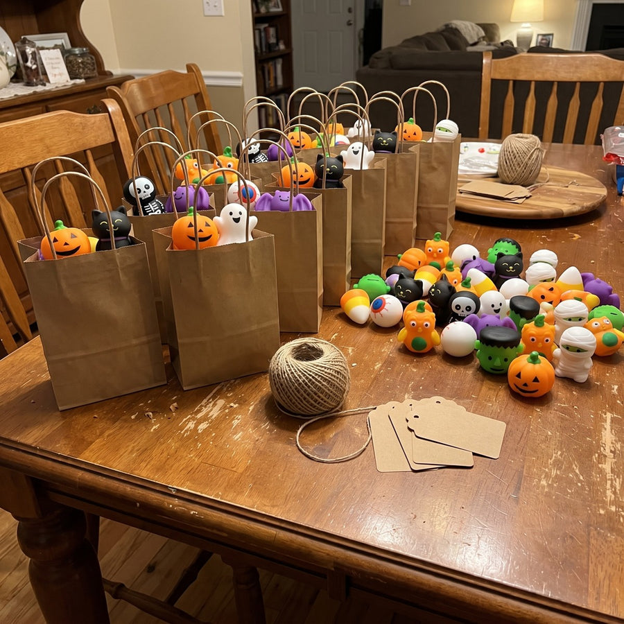 Kraft party bags being filled with Halloween squishies