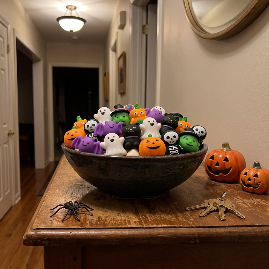 A bowl of Halloween squishies by the front door