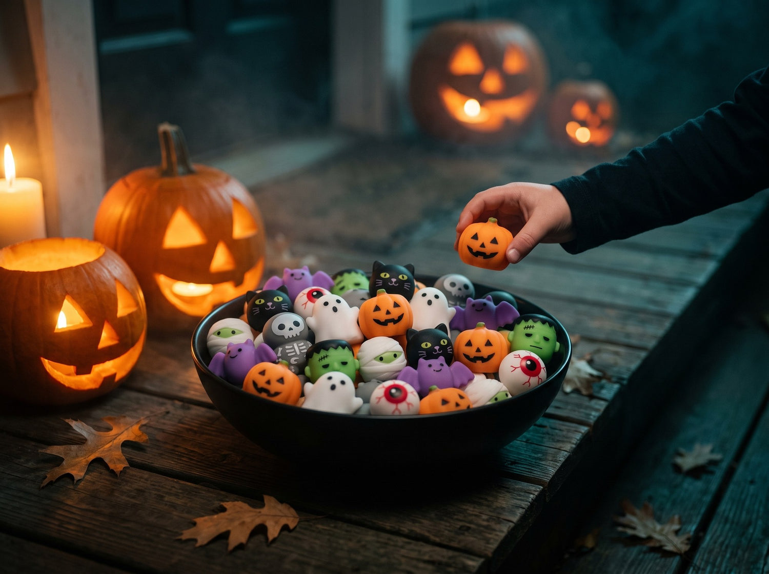 A black bowl of Halloween squishies on a candlelit porch step, a child's hand lifting out an orange pumpkin
